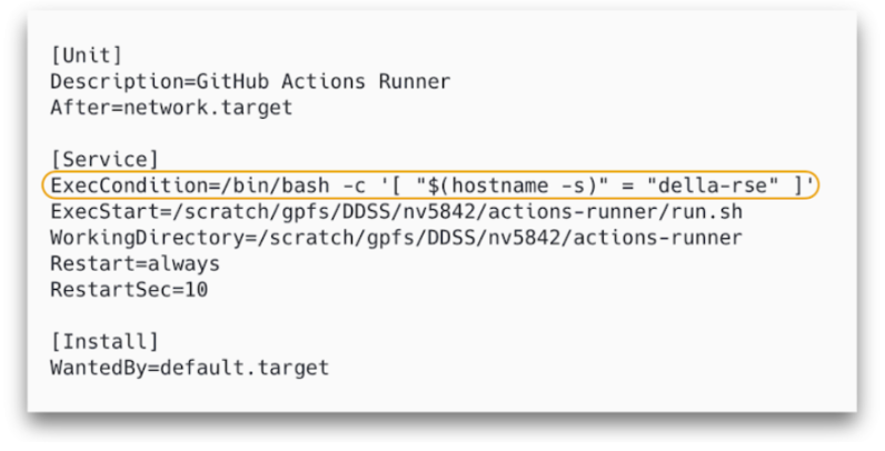 systemd github-runner.service file with the ExecCondition line circled, restricting the runner to the della-rse host