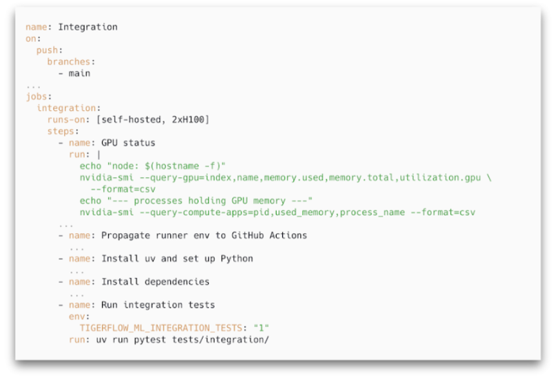 GitHub Actions integration workflow with a GPU status step that logs nvidia-smi output before the integration tests run