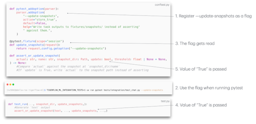 How the --update-snapshots pytest flag is registered, passed on the command line, read by a fixture, and passed to assert_or_update_snapshot