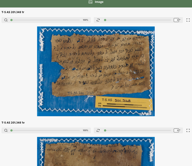Princeton Geniza Project image viewer showing T-S AS 201.348 recto, served from Cambridge via IIIF
