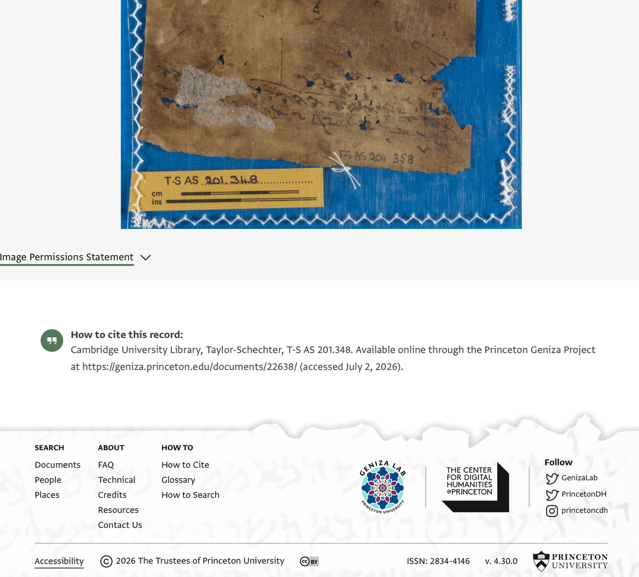 Princeton Geniza Project record for T-S AS 201.348 with the citation crediting Cambridge University Library